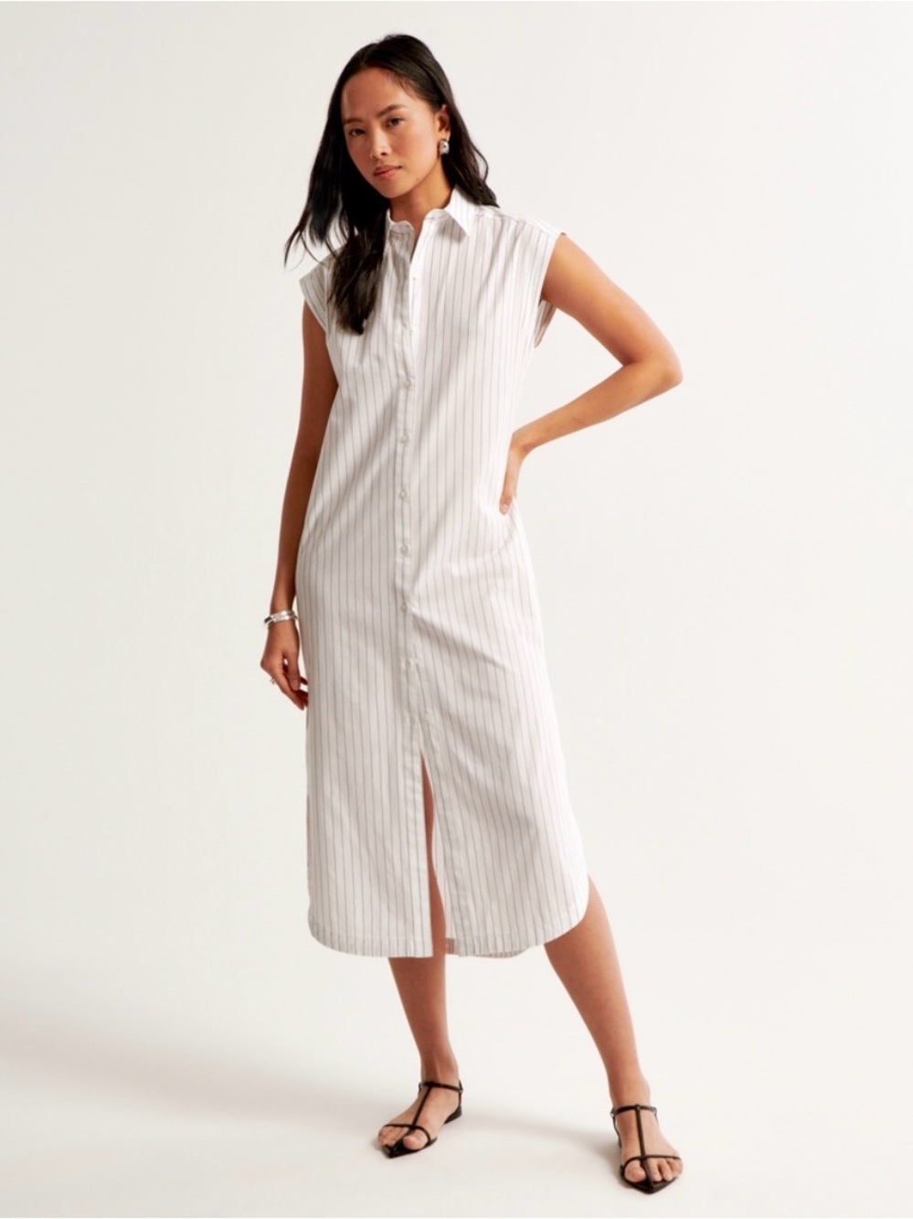 Abercrombie & Fitch White Pinstripe Midi Shirt Dress